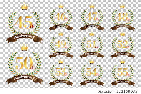 45～55周年イラスト　月桂樹の葉と王冠と茶色いリボンのマーク　アイコンセット 122159035
