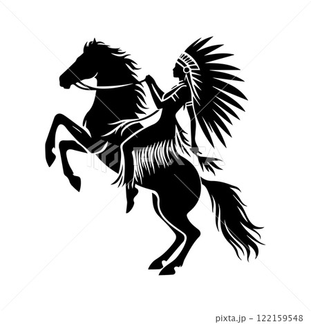 chief horse rider logo vector, American indian chief horse rider vector illustration, American indian chief horse rider silhouette vector black and white 122159548