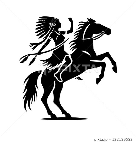 chief horse rider logo vector, American indian chief horse rider vector illustration, American indian chief horse rider silhouette vector black and white 122159552