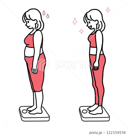 Minimalist duotone illustration of a young woman standing on the scale, comparing before and after weight loss 122159556