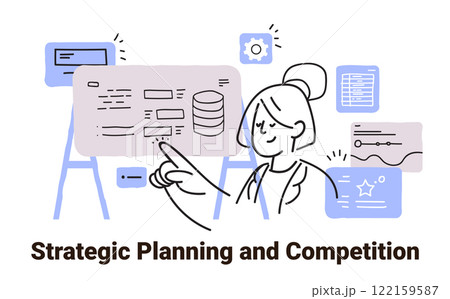 Strategic planning concept woman pointing at data charts and diagrams on screens minimalist sketch style business analysis 122159587