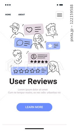 User reviews concept with hand drawn sketches of people and rating icons in a minimalist style. Mobile app screen design 122159588