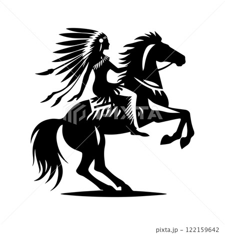 indian chief horse rider logo vector, American indian chief horse rider vector illustration, American indian chief horse rider silhouette vector black and white 122159642