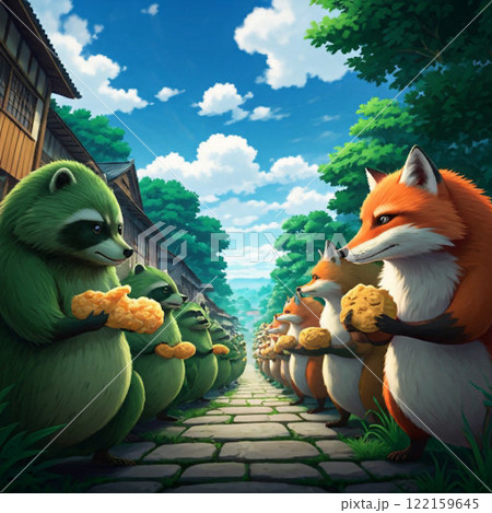 赤いキツネと緑のタヌキの睨み合い 122159645