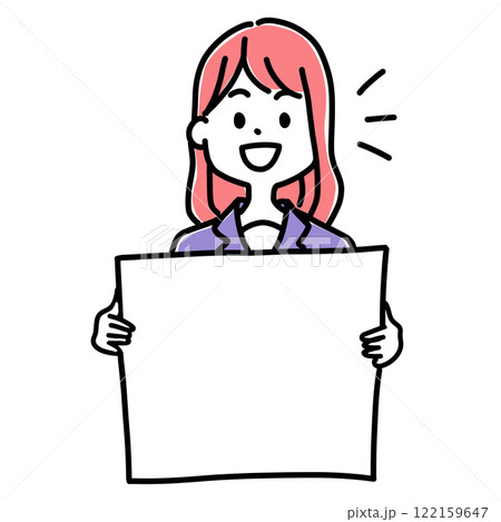 Minimalist duotone illustration of office woman smiling and holding a blank message board. Simple kawaii line art. Minimalist duotone illustration of office woman smiling and holding a blank message board. Simple kawaii line art. 122159647