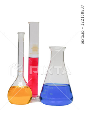 A set of laboratory glassware with colorful liquids: orange in a flask, red in a graduated cylinder, and blue in an Erlenmeyer flask, isolated on a white background. 122159837
