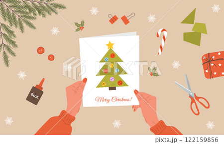 Craft Christmas tree. Girl making Holiday greeting card from paper. DIY New Year decoration. Cozy home atmosphere, family time. Top view. Cartoon vector illustration Craft Christmas tree. Girl making Holiday greeting card from paper. DIY New Year decoration. Cozy home atmosphere, family time. Top view. Cartoon vector illustration 122159856