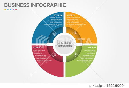 Visual data presentation. Cycle diagram with 4 options. Pie Chart Circle infographic template with 4 steps, options, parts, segments. Business concept. Marketing infographic vector illustration. 122160004