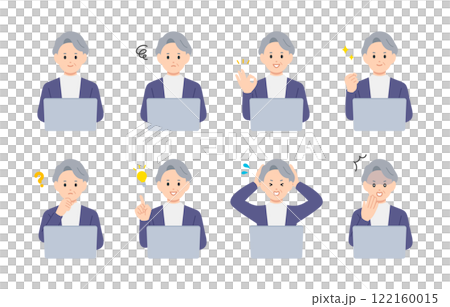 A set of senior women and elderly people with various expressions and poses while looking at a computer [People vector illustration material] 122160015