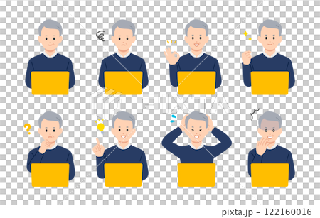A set of senior men and elderly people with various expressions and poses while looking at a computer [People vector illustration material] 122160016