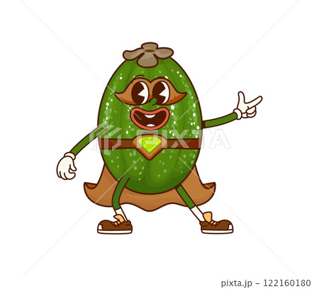 Groovy feijoa fruit superhero character. Cartoon vector tropical fruit personage with superpowers, wearing cape and mask stands with finger gun gesture. Funny cheerful fairytale healthy food defender 122160180
