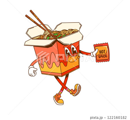 Groovy Asian noodles box or retro cartoon hippie fast food vector character. Groovy Chinese noodles box with funny face, happy whistling with hot sauce and chopsticks as funky fast food character 122160182