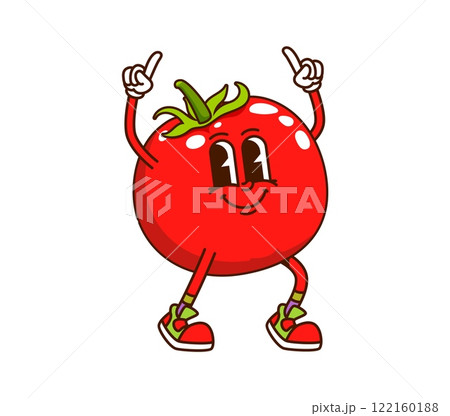 Cartoon groovy tomato vegetable character with vibrant red color, lively eyes and smiling face, wears sneakers flashing raised hands gesture. Isolated vector ripe healthy tomato veg retro personage 122160188