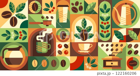 Abstract coffee drink and beverage geometric pattern of modern shapes, vector background. Coffee cup of cappuccino and espresso, coffee beans mill grinder and hot drink mug in geometric mosaic pattern 122160206
