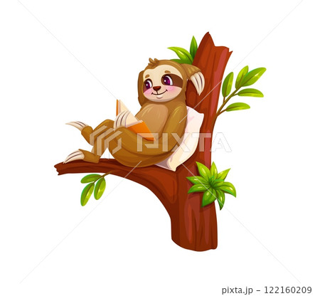 Cartoon lazy sloth animal, funny cute character reading a book, while lounging comfortably on a tree branch with a pillow, conveys a sense of relaxation, cuteness, leisure and love for reading 122160209