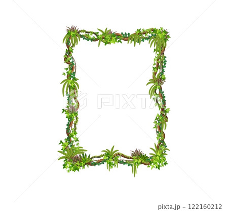 Jungle liana frame of tropical ivy or rainforest vine leaves, vector cartoon background. Liana vine or ivy leaf square frame with borders of monstera leaves, tropical creeping tree or jungle bindweed 122160212
