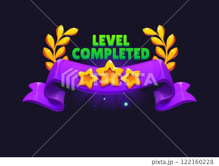Level completed badge or level up game asset for achievement, cartoon vector. Level completed congratulations with golden stars in laurel wreath and purple ribbon for game GUI or winner next level 122160228