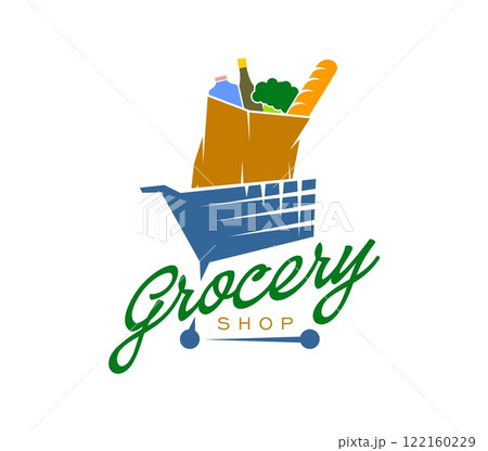 Grocery shop icon featuring shopping cart filled with food items like bottle, baguette and broccoli. Isolated vector emblem for supermarkets, grocery stores, or online shopping platforms services 122160229