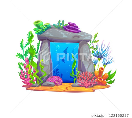 Underwater fantasy game magic portal door in sea water, vector cartoon element. Undersea portal door in stone gate arch or coral reef rock cave with fishes and seaweeds for portal gate or game asset 122160237