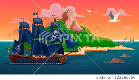 Cartoon pirates sail ship near the island. Vector scene with galleon vessel with corsairs on deck, sailing by a lush green island during sunset under the vibrant skies create an adventurous atmosphere Cartoon pirates sail ship near the island. Vector scene with galleon vessel with corsairs on deck, sailing by a lush green island during sunset under the vibrant skies create an adventurous atmosphere 122160250