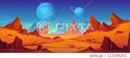 Mars planet landscape with red rocky desert terrain and mountains under starry sky with blue glowing distant planets. Cartoon vector futuristic game background capture the essence of space exploration Mars planet landscape with red rocky desert terrain and mountains under starry sky with blue glowing distant planets. Cartoon vector futuristic game background capture the essence of space exploration 122160261
