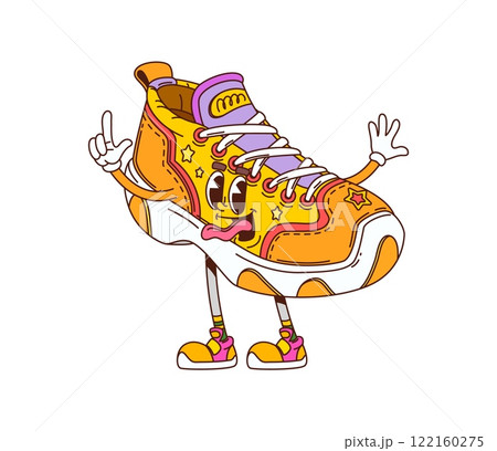 Retro groovy sneaker character. Isolated cartoon vector cheerful, multicolored teenager shoe personage, funky vintage footwear boot in vibrant colors, with quirky face expression, youth culture symbol 122160275