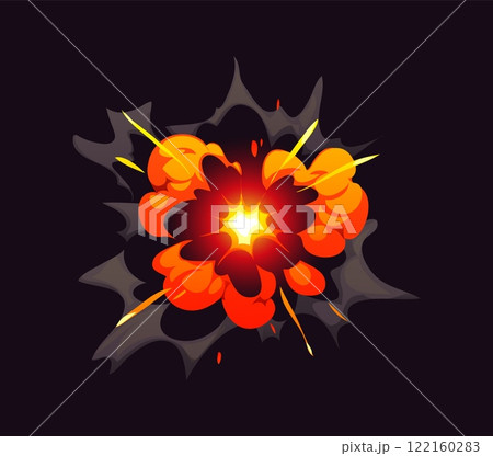 Bomb blast explosion effect of cartoon boom clouds and comic fire with smoke, vector TNT dynamite. Bomb explode with energy burst of fire and smoke cloud of explosive blast for cartoon comic effect 122160283