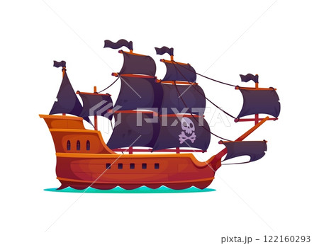 Corsair pirate ancient brigantine sail ship. Filibuster ancient caravel ship. Buccaneer historical frigate vessel isolated vector or privateer brigantine sailboat with Jolly Roger on black sail Corsair pirate ancient brigantine sail ship. Filibuster ancient caravel ship. Buccaneer historical frigate vessel isolated vector or privateer brigantine sailboat with Jolly Roger on black sail 122160293