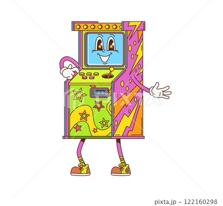 Retro hippie groovy slot machine character with funny face, cartoon vector symbol. Comic groovy poker or casino gamble slot machine with freaky smile and psychedelic eyes for cartoon hippie character 122160298