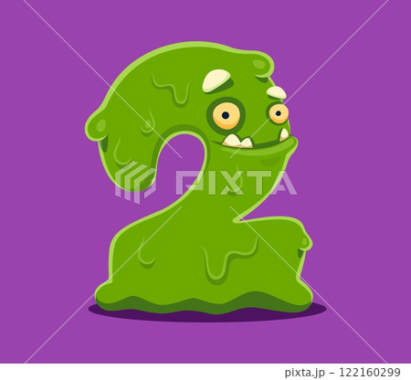 Halloween font digit 2 two spooky monster character. Crazy fantasy creature math typeface figure or number, arabic numeral symbol slime monster vector personage or silly Halloween creature digit 122160299