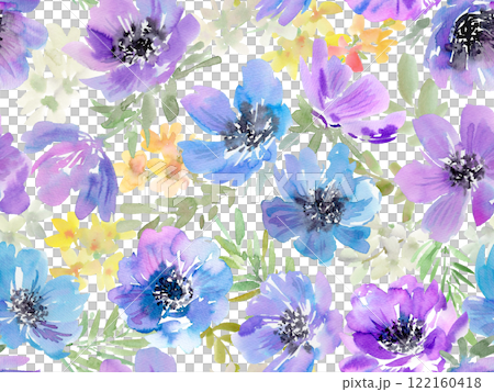 Seamless pattern with watercolor blue and purple anemones and flowers. Spring floral textile design. 122160418