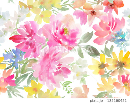 水彩で描いたピンクの芍薬と草花の背景透過シームレスパターン。春の草花のテキスタイルデザイン。 122160421
