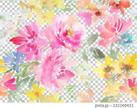 水彩で描いたピンクの芍薬と草花の背景透過シームレスパターン。春の草花のテキスタイルデザイン。 122160421