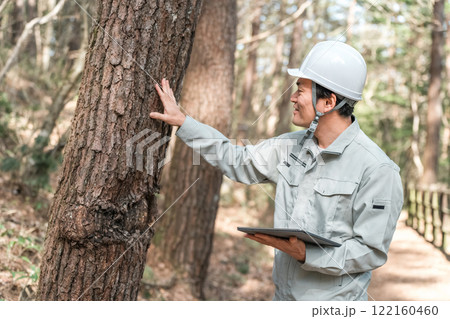 公園・森林で樹木をチェックする作業着姿の林業の男性 公園・森林で樹木をチェックする作業着姿の林業の男性 122160460