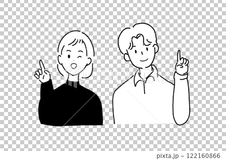 笑顔の夫婦　線画　指差し 122160866
