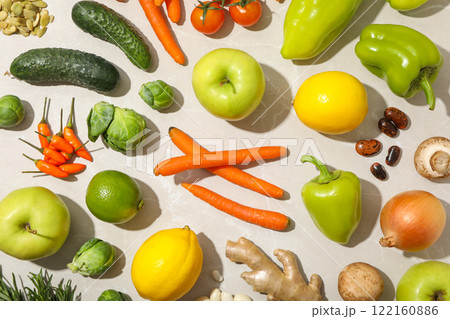 Set of vegan protein products on light background, top view 122160886