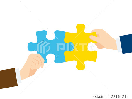 ビジネスにおけるコラボレーションやチームワークのイメージイラスト　パズルを持つ人 122161212