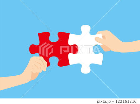 コラボレーションやチームワークのイメージイラスト　パズルを持つ人　線画 122161216