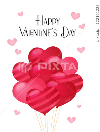 Happy Valentines Day card. February 14 cute hearts romantic vector illustration. Valentine greeting card design vertical. Tied festive helium red heart shaped balloons bunch 122161223