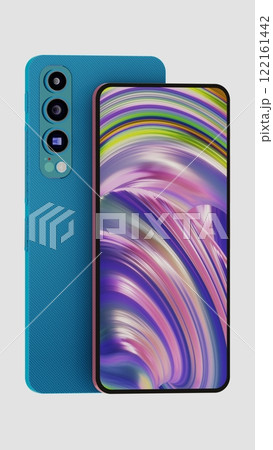 Compact and Standard Size Smartphone Models with Triple Camera System Shown in Front and Back Views, 3D rendering 122161442