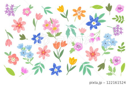手描きでオシャレな春の草花のベクターイラストセット 122161524