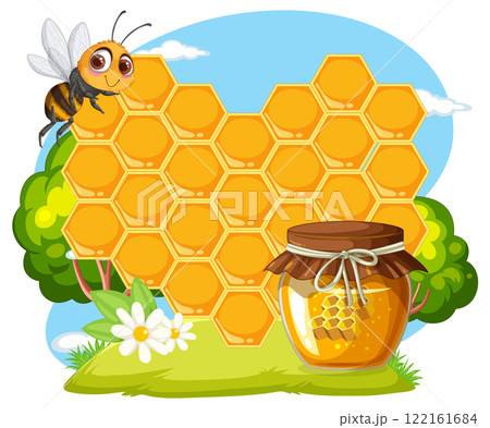 Bee and Honeycomb with Jar of Honey 122161684