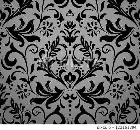 Floral pattern. Vintage wallpaper in the Baroque style. Seamless vector background. Gray and black ornament for fabric, wallpaper, packaging. Ornate Damask flower ornament Floral pattern. Vintage wallpaper in the Baroque style. Seamless vector background. Gray and black ornament for fabric, wallpaper, packaging. Ornate Damask flower ornament 122161894