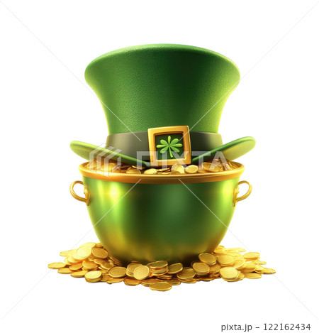 Glowing Green Top Hat Resting on a Pot of Gold with Lucky Charm Symbols 122162434