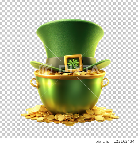 Glowing Green Top Hat Resting on a Pot of Gold with Lucky Charm Symbols 122162434