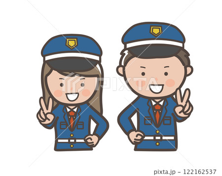 笑顔でピースをする男女警備員の上半身イラスト 122162537
