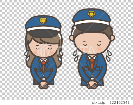 Illustration of an upper body of a male and female security guard apologizing while sweating heavily Illustration of an upper body of a male and female security guard apologizing while sweating heavily 122162541
