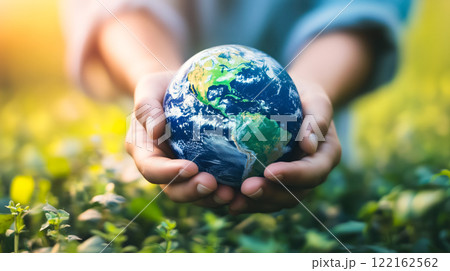 Human hands gently hold the Earth. The concept of saving the planet, Earth Day, global warming awareness, and World Environment Day. Generative AI. 122162562