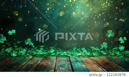 Glowing Green Shamrocks Against Wooden Floor in St Patrick s Day Glowing Green Shamrocks Against Wooden Floor in St Patrick s Day 122162676