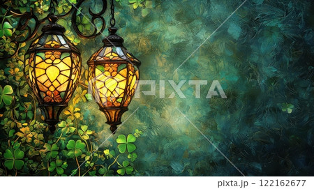 Glowing Tropical Lanterns Suspended Amidst Lush Foliage and Verdant Greenery Glowing Tropical Lanterns Suspended Amidst Lush Foliage and Verdant Greenery 122162677